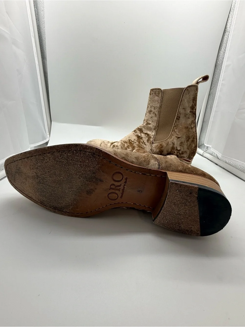 ORO Reggio Velvet Chelsea Boots Men’s 9 Tan Made Spain Quiet Luxury